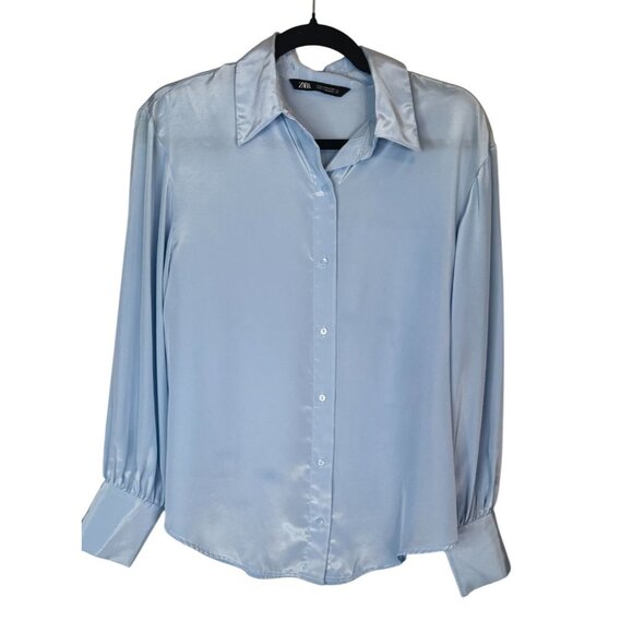2/$30 ZARA Classy Small Light Blue Silk Button-Down Blouse Pleated Back Cuffed S - Picture 1 of 9